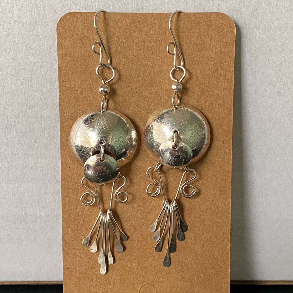 Vintage LANTON Mexico Silver Tone Aztec Design Articulated Tassel Earrings